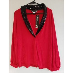NEW women's medium red one Hutton cardigan flowy nylon black sequin neckline